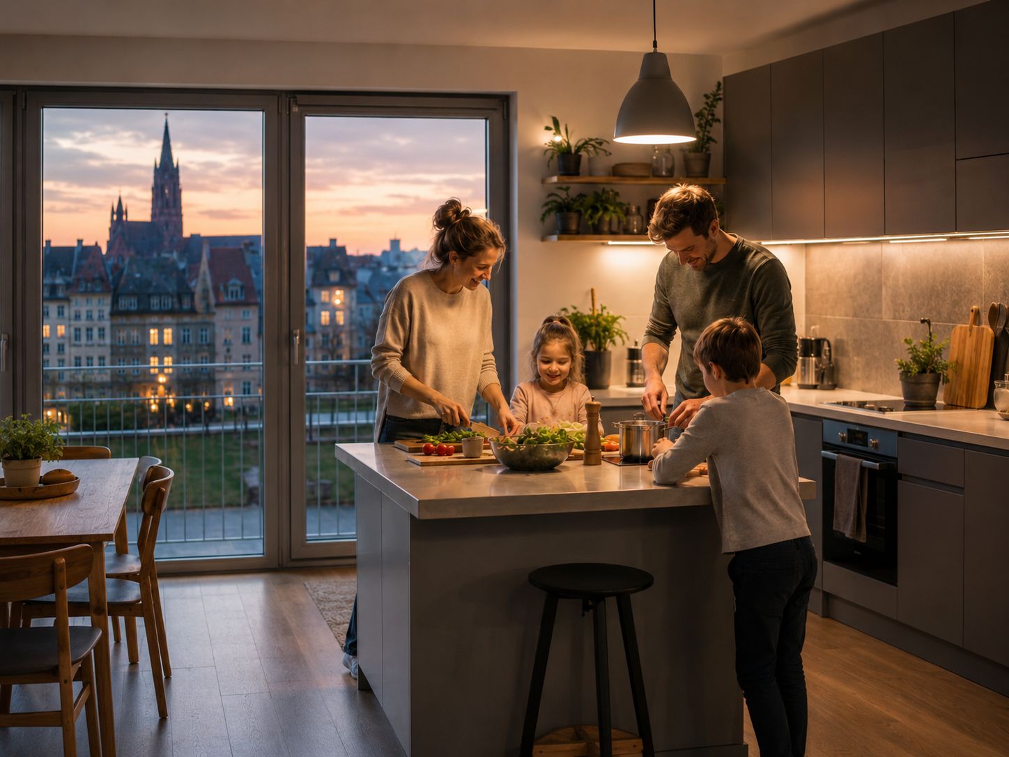 Cuisine familiale au crépuscule